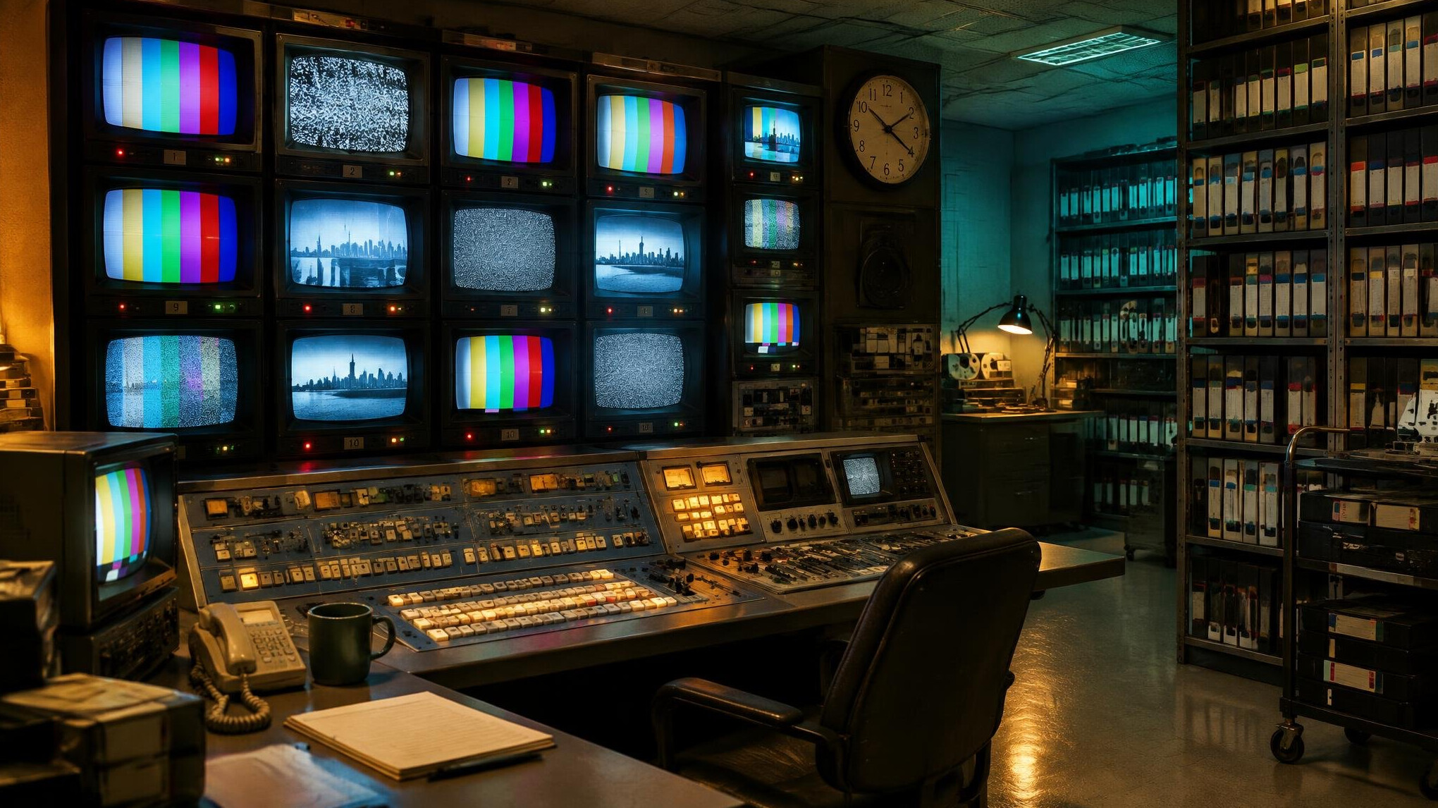Régie de télévision avec moniteurs et bandes d'archives