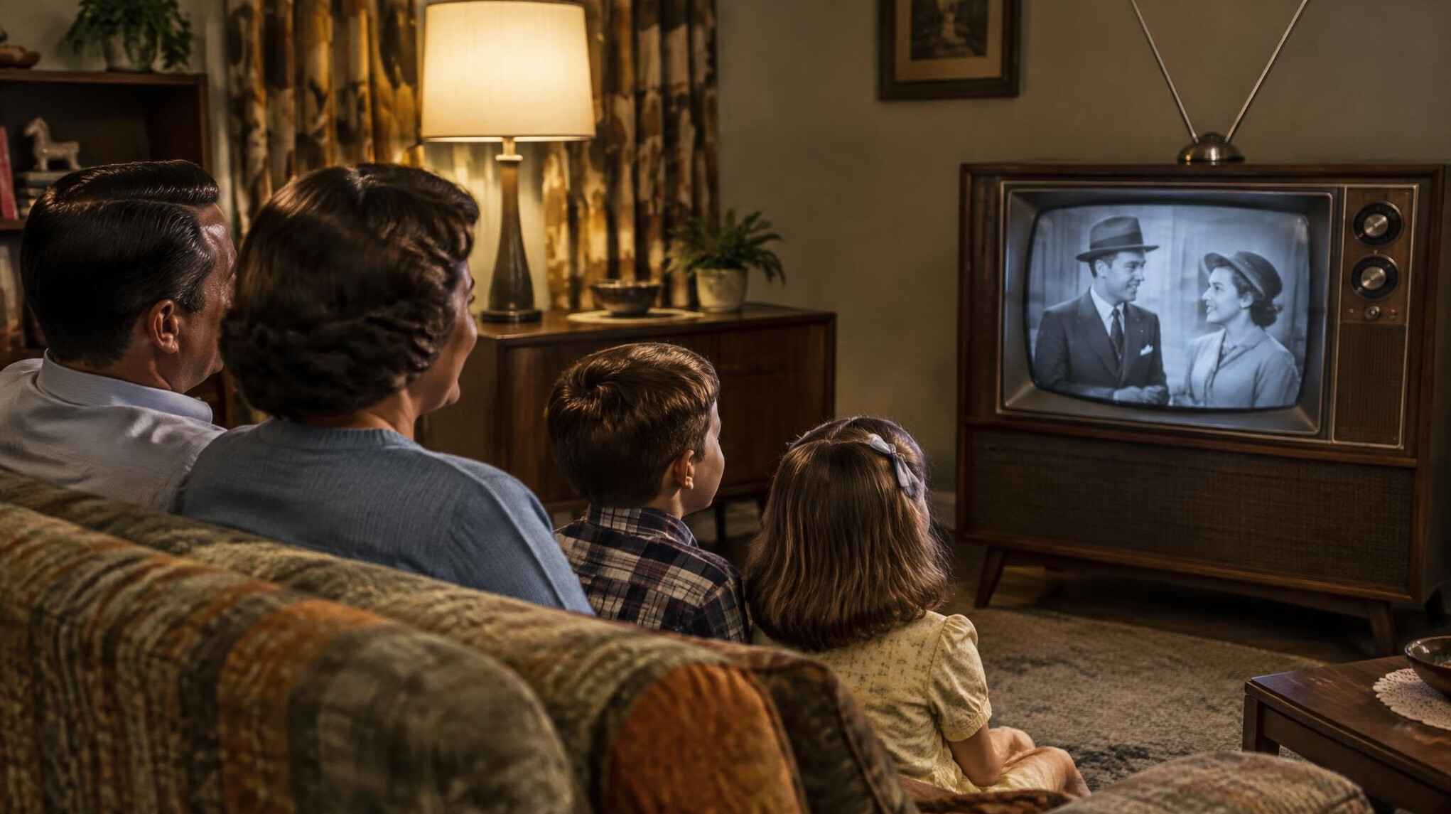 family watching old tv