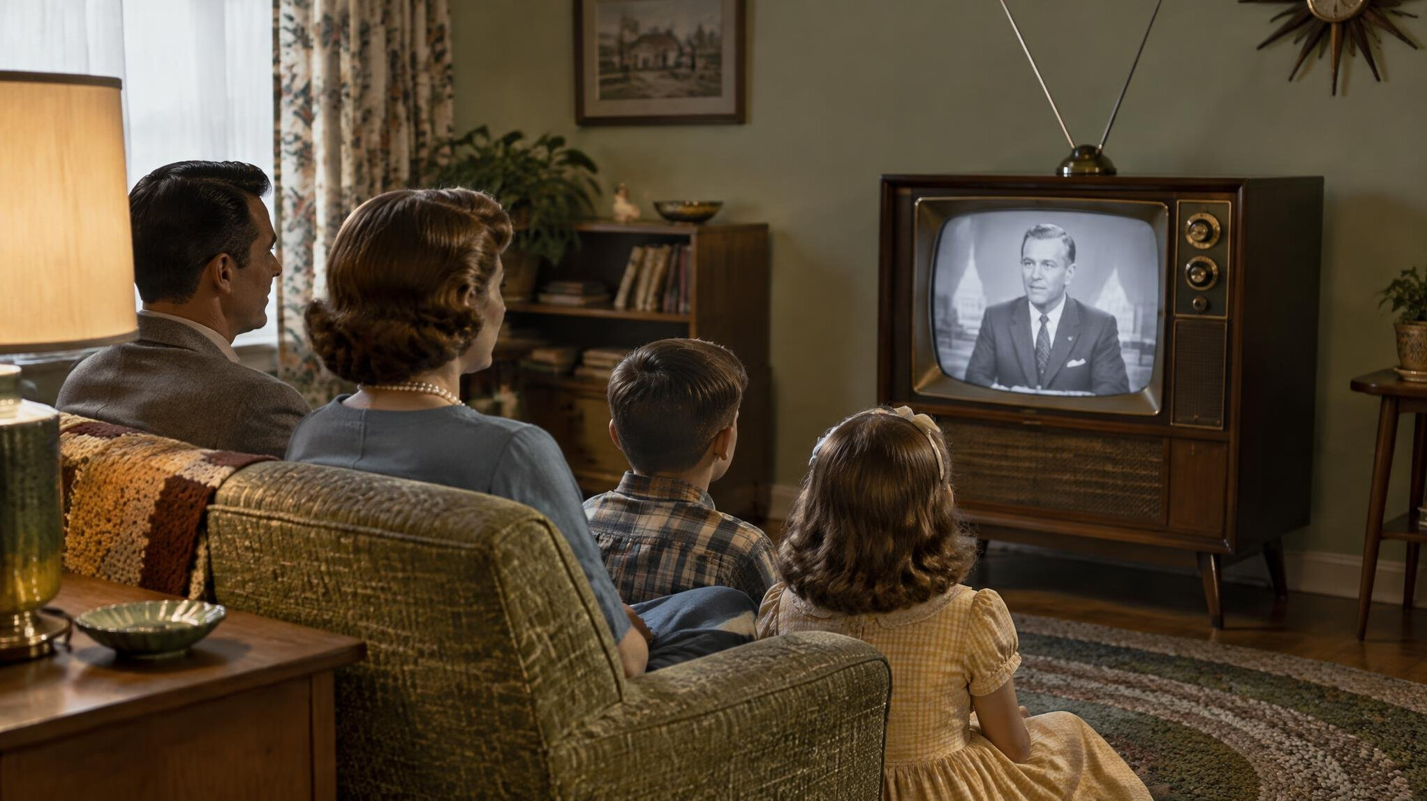 family watching old tv