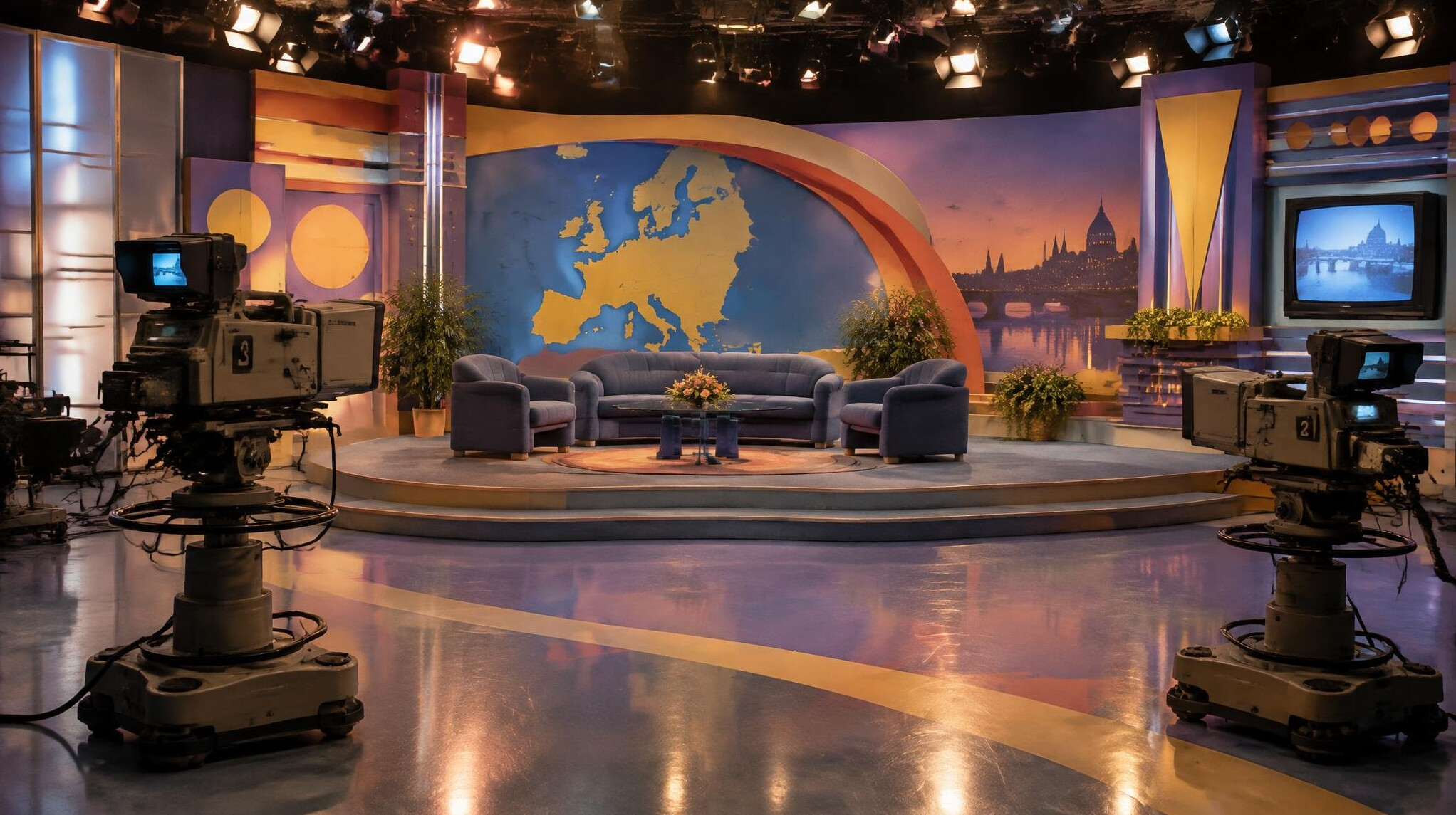 Studio de télévision rétro avec projecteurs et caméras des années 1990