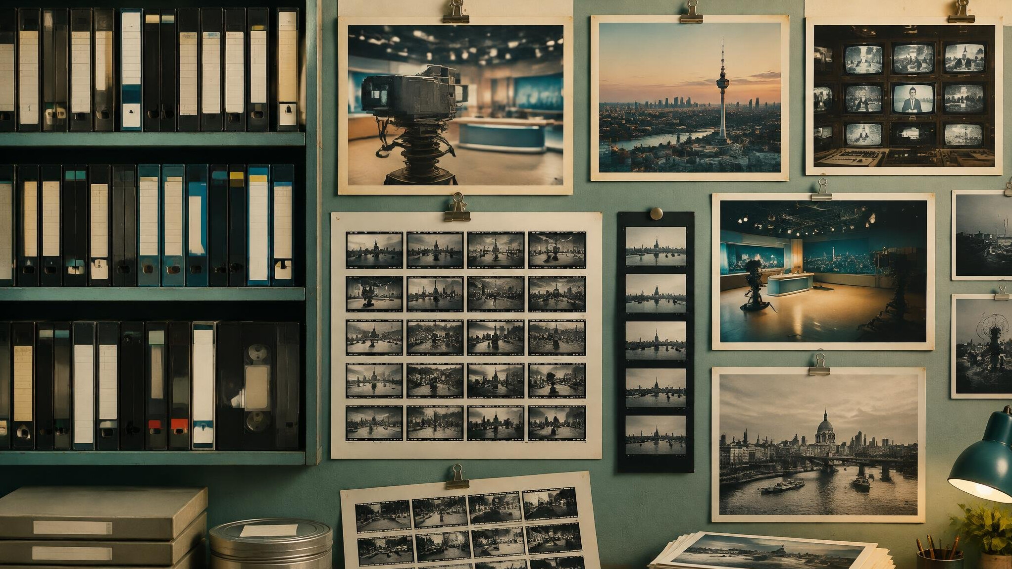 Mur d'archives photographiques et de cassettes vidéo de la télévision romande